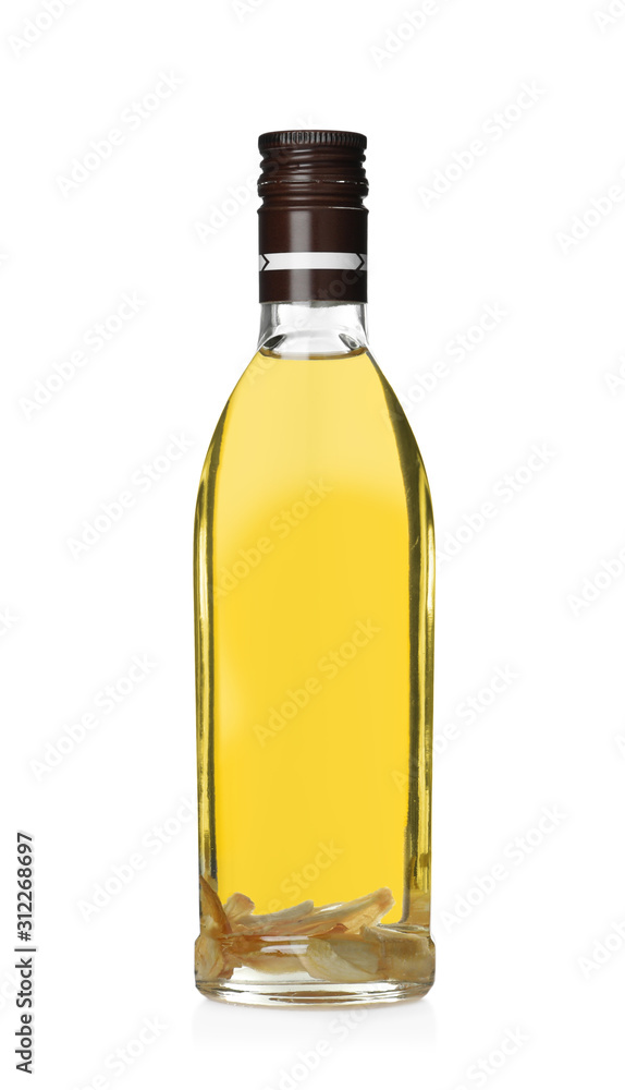 Cooking oil in glass bottle isolated on white