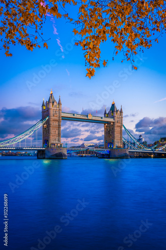 View of Tower Bridge in London with beautiful orange leaves 