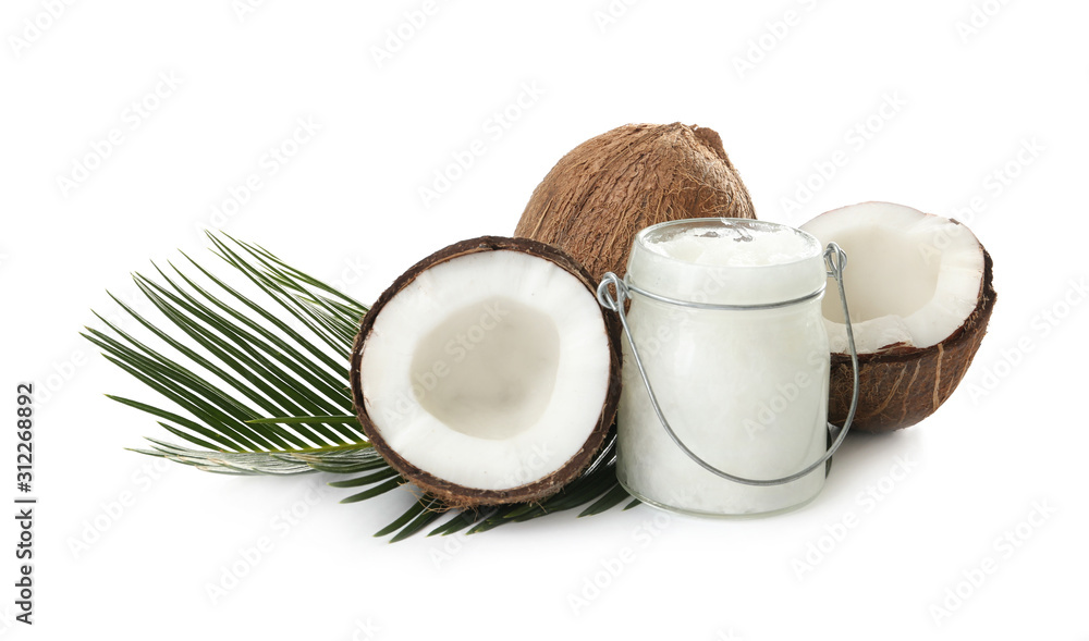 Composition with organic coconut oil on white background. Healthy cooking