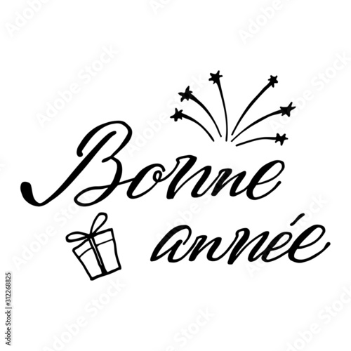 New year hand drawen lettering in brush modern style with icons in french for greeting card, title, print. black on white background