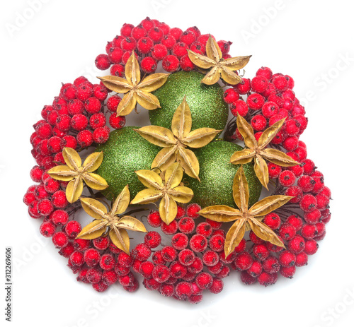 Christmas decorative composition with balls, stars and berries isolated on a white background. Top view, flat lay