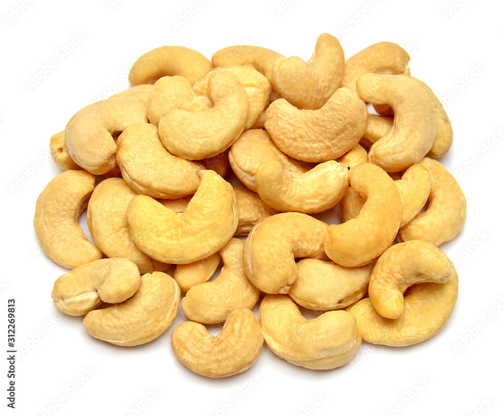 Cashew nuts isolated on white background. Perfectly retouched, full depth of field on the photo. Top view, flat lay Cashew nuts isolated on white background. Perfectly retouched, full depth of field on the photo. Top view, flat lay