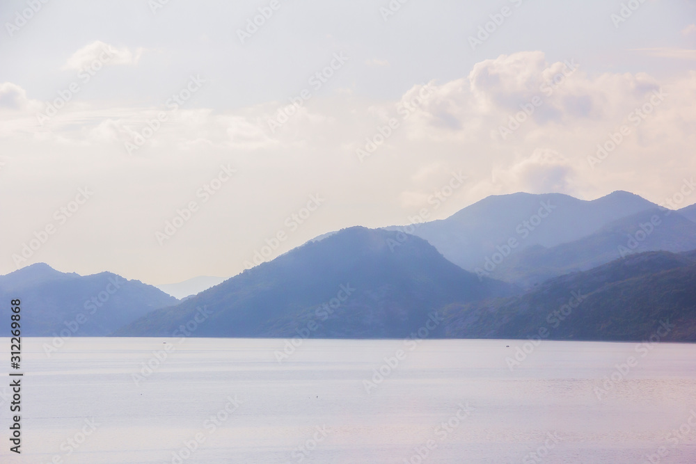 Skadar lake view, Montenegro, in a misty early blue morning