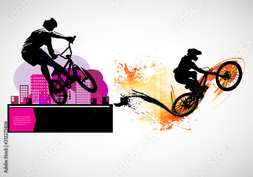 Active people. BMX rider in abstract sport landscape background, vector.