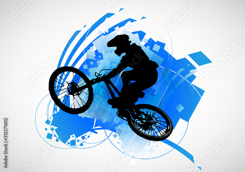 Active people. BMX rider in abstract sport landscape background, vector.