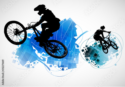 Active people. BMX rider in abstract sport landscape background, vector.