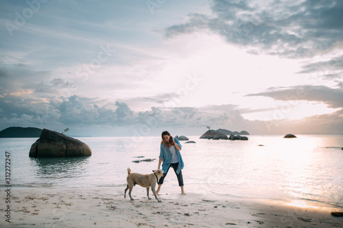 Girl has fun playing with a dog on the beach at sunset.