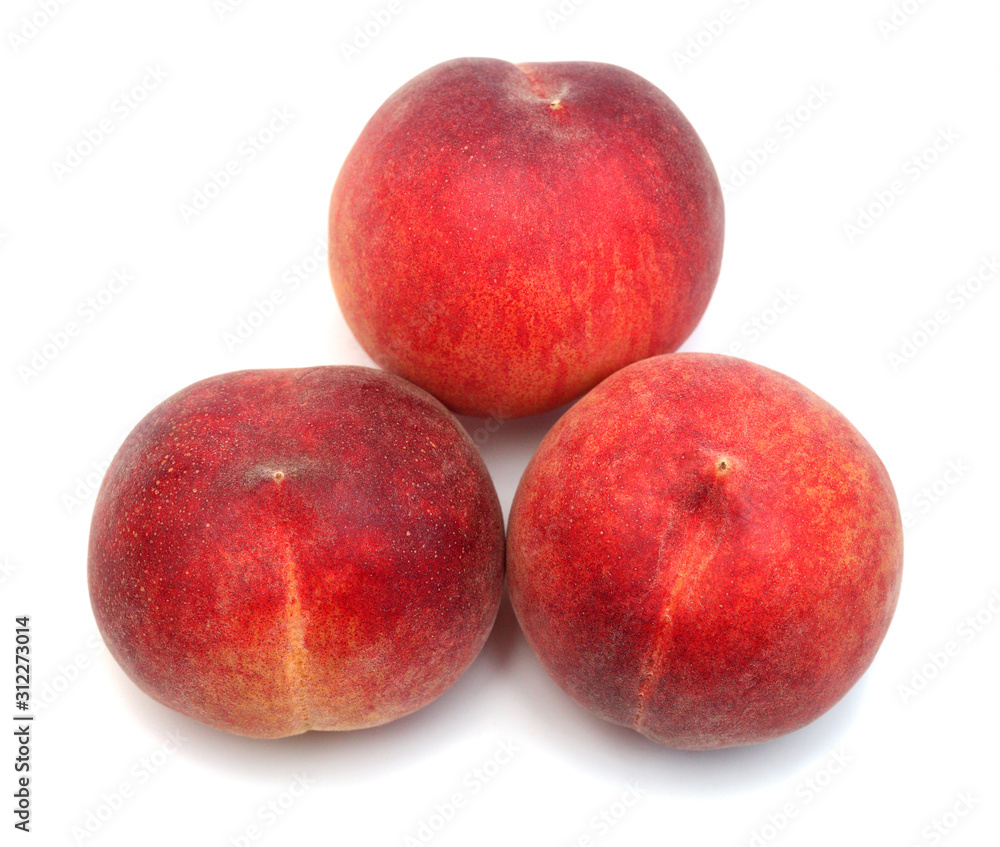 Group peach fruit isolated on white background. Perfectly retouched, full depth of field on the photo. Flat lay, top view