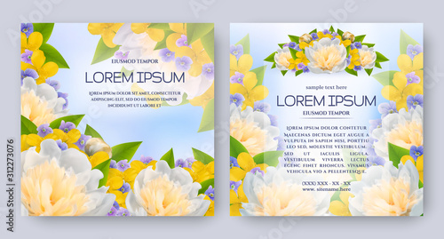 Floral vector card set with flowers of realistic white peony, celandine, purple viola. Romantic templates for wedding invitation, greeting card, cosmetic products, packages and other design elements