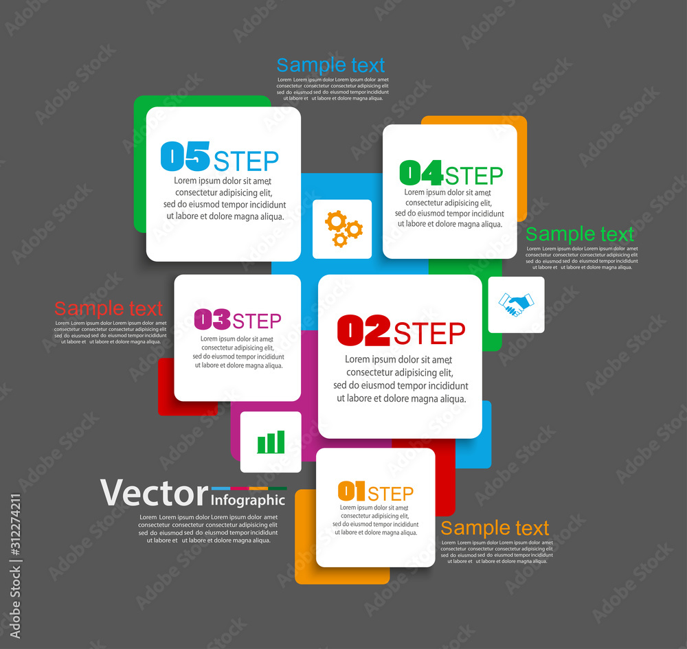 Fototapeta premium Five steps infographics with colorful squares on black background . Vector chart, diagram, graph with steps, options, parts, processes with square elements. Vector business