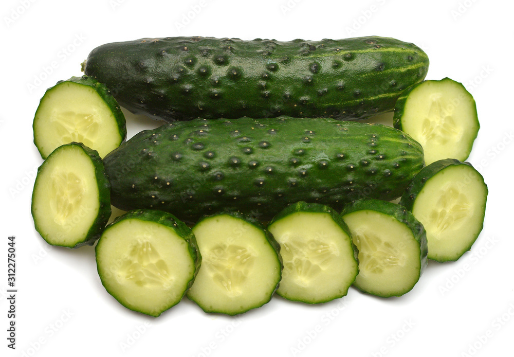 Cucumber whole and slices isolated on white background. Perfectly retouched, full depth of field on the photo. Creative healthy food concept. Top view, flat lay Cucumber whole and slices isolated on white background. Perfectly retouched, full depth of field on the photo. Creative healthy food concept. Top view, flat lay