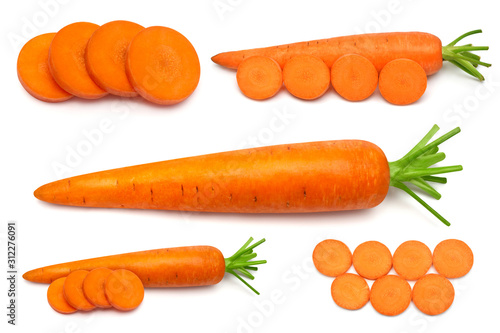 Collection carrot whole and sliced isolated on white background. Perfectly retouched, full depth of field on the photo. Creative healthy food concept. Top view, flat lay