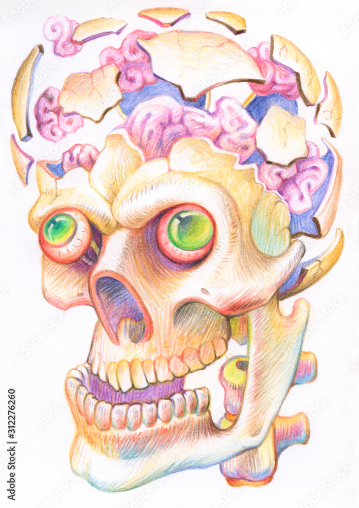 Drawing with colored pencils. Human skull - exploded skull with bones, brains, and eyes.