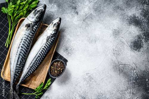 Raw mackerel fish with parsley and pepper. Fresh seafood. Gray background. Top view. Space for text photo