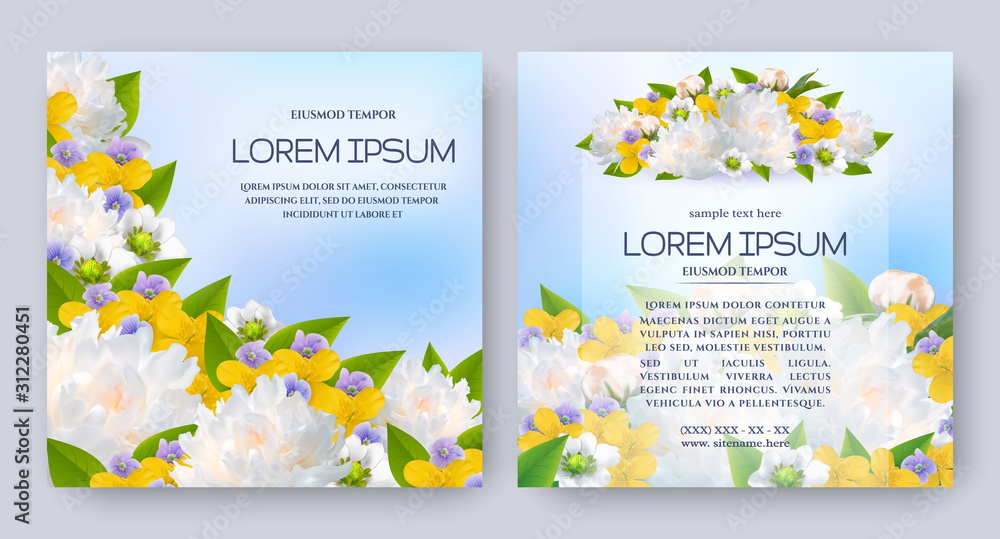 Naklejka premium Floral vector card set with flowers of realistic white peony, celandine, purple viola. Romantic templates for wedding invitation, greeting card, cosmetic products, packages and other design elements