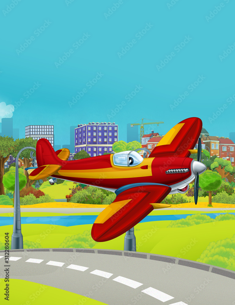 cartoon scene with fireman vehicle plane flying near park road - illustration for children