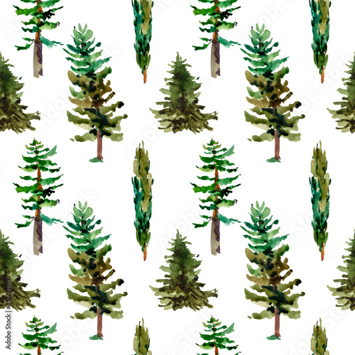 Watercolor natural forest seamless pattern of evegreen trees  Green tree texture