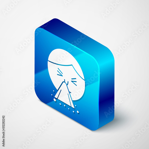 Isometric Man holding handkerchief or napkin to his runny nose icon isolated on white background. Coryza desease symptoms. Blue square button. Vector Illustration
