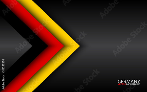 Modern vector overlayed arrows with German colors and grey free space for your text, overlayed sheets of paper in the look of the German flag, Made in Germany, abstract widescreen background