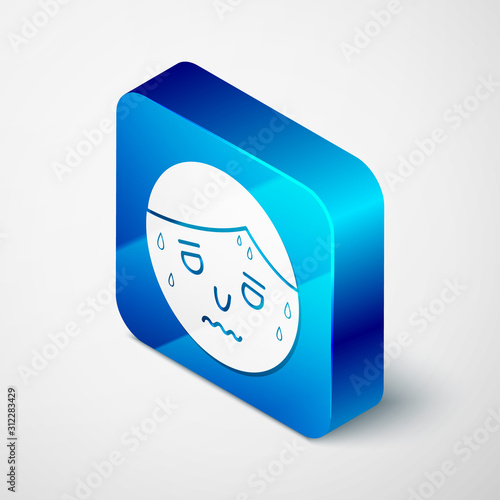 Isometric Man with excessive sweating icon isolated on white background. Blue square button. Vector Illustration