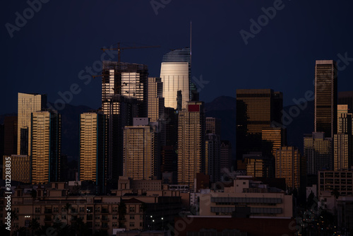 Close up view of Los Angeles highrises in an evening light
