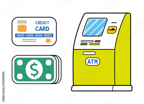 ATM bank machine, credit card, cash banknotes isolated. Money payment, transfer, withdrawal.