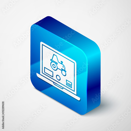 Isometric Laptop application for control a autonomous tractor on a smart farm icon isolated on white background. Smart agriculture implement. Blue square button. Vector Illustration