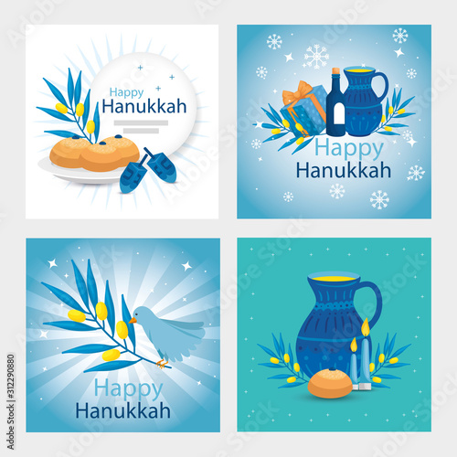 set poster of happy hanukkah with decoration vector illustration design