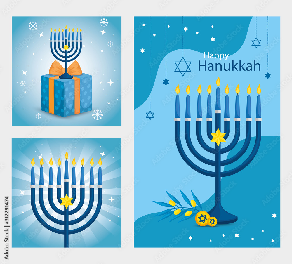 set poster of happy hanukkah with decoration vector illustration design set poster of happy hanukkah with decoration vector illustration design
