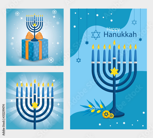 set poster of happy hanukkah with decoration vector illustration design