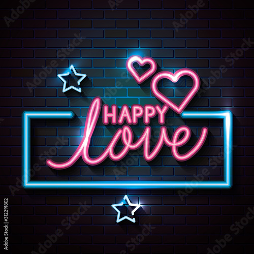 happy love with hearts and stars of neon lights vector illustration design