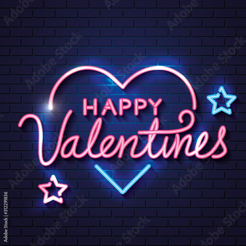 happy valentines day with heart and stars of neon lights vector illustration design