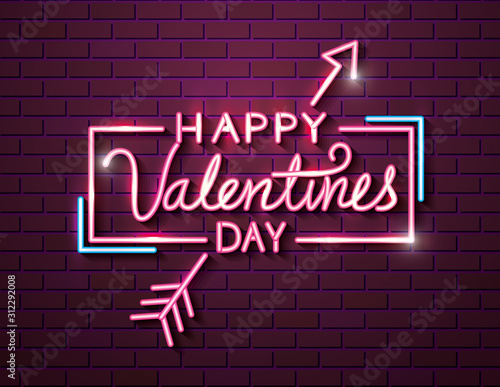 happy valentines day with arrow of neon lights vector illustration design