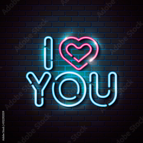 lettering of love with heart of neon lights vector illustration design