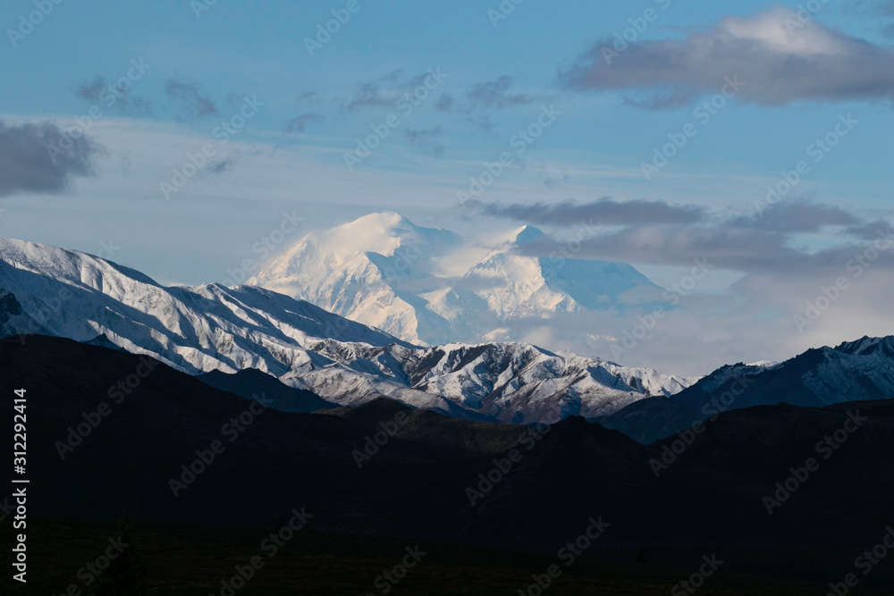 Morning light on Denali from above Sanctuary River