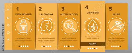 Hair Loss Onboarding Mobile App Page Screen Vector. Hair Loss And Bald Human Silhouette, Comb And Fan, Healthy Shampoo Bottle And Drop Illustrations