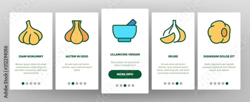 Garlic Spicy Vegetable Onboarding Mobile App Page Screen Vector. Smell From Mouth And Garlic Press, Organic Plant And Bottle With Spice Illustrations