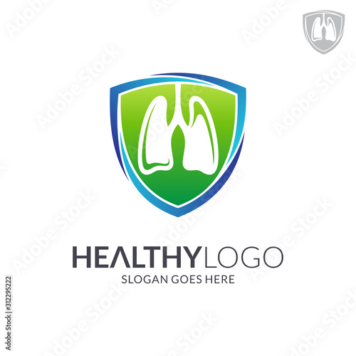 Lung shield logo. Healthy lung Icon. Lung care and protection logo template. Medical flat logo design. Vector of human respiratory health. Emblem/badge symbol