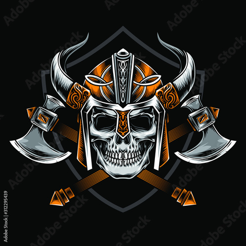 viking skull with axe vector