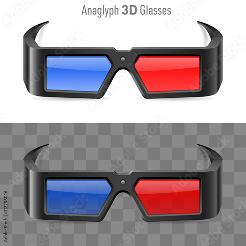 Illustration of Anaglyph 3D Cinema Glasses. Stereoscopic Goggles Isolated Clipart on White and Transparent Background. Eyewear with Blue and Red Lens in Black Frame