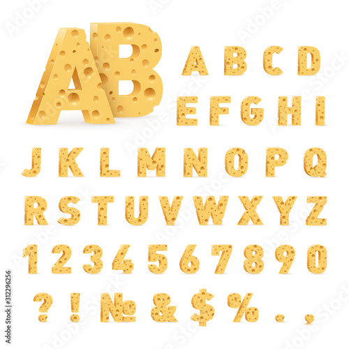 Font from Cheese. Letters, Numbers, and Symbols Made of Cheese. Illustration of Stylized Cute Alphabet Cartoon Cheese Letters to Make Your Text on White Background