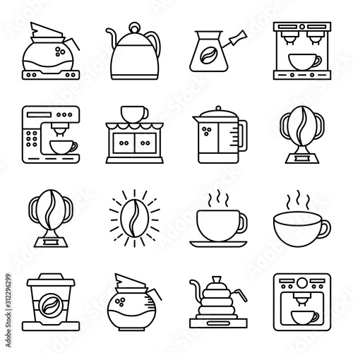 Coffee line icons set vector illustration. Contains such Icons as kettle, pot, beans, hot cocktail, mixer, coffee machine. espresso cup, cappuccino, roasted bean. Pixel perfect. Editable Stroke.