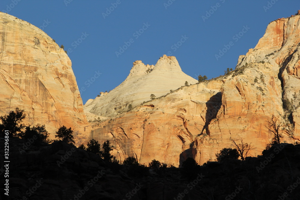 Orange colored rocks early morning in Zion National Park