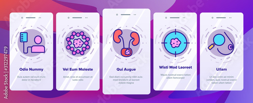 Cancer Anatomy Disease Onboarding Mobile App Page Screen Vector. Cancer Of Stomach And Lungs, Bones And Breasts, Brain And Liver Illustrations
