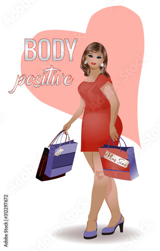 Body positive plus size  woman with shopping bags, vector illustration