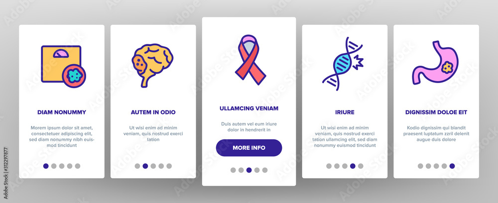 Cancer Anatomy Disease Onboarding Mobile App Page Screen Vector. Cancer Of Stomach And Lungs, Bones And Breasts, Brain And Liver Illustrations