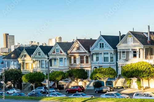 Row of beautiful Victorian style architecture buildings. Popular tourist attraction in San Francisco city, California