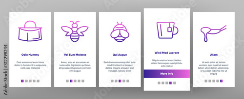 Bee And Honey Onboarding Mobile App Page Screen Vector. Bee On Flower, Wooden Barrel And Beekeeper Suit And Equipment, Beekeeping Illustrations