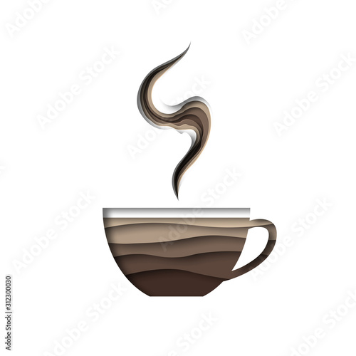 Cup of coffee on a white background in the style of paper cut. Smoke from a hot drink.