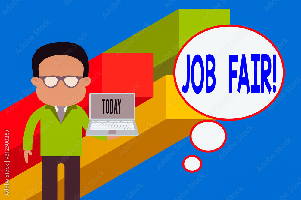 Writing note showing Job Fair. Business concept for event in which employers recruiters give information to employees Standing man in suit wearing eyeglasses holding open laptop photo Art Writing note showing Job Fair. Business concept for event in which employers recruiters give information to employees Standing man in suit wearing eyeglasses holding open laptop photo Art
